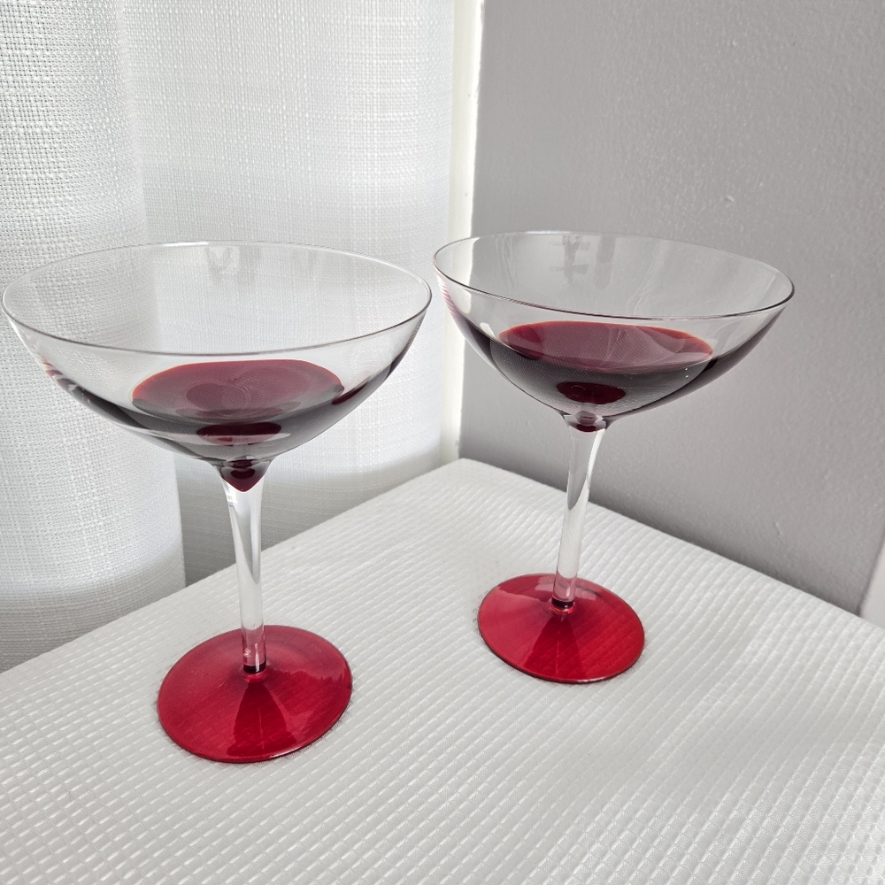 Vtg Coupe Saucer Style Martini Glasses Ox Red Accent Cocktail Barware